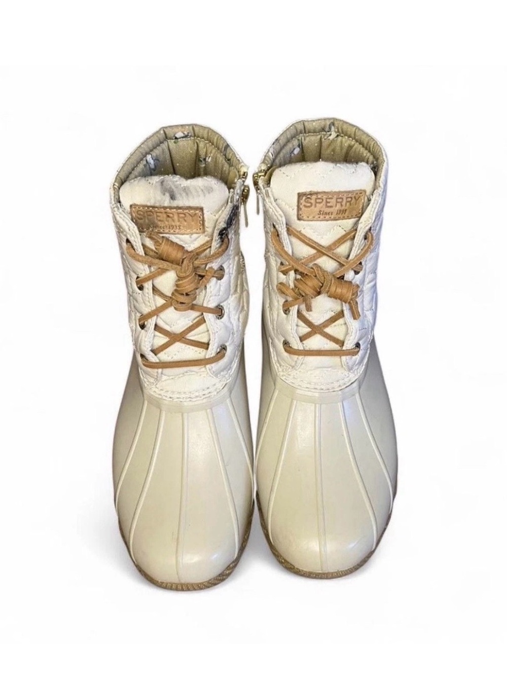 Sperry Waterproof Duck Boots Women’s 10 Beige and Cream Preppy Coastal Rain Snow